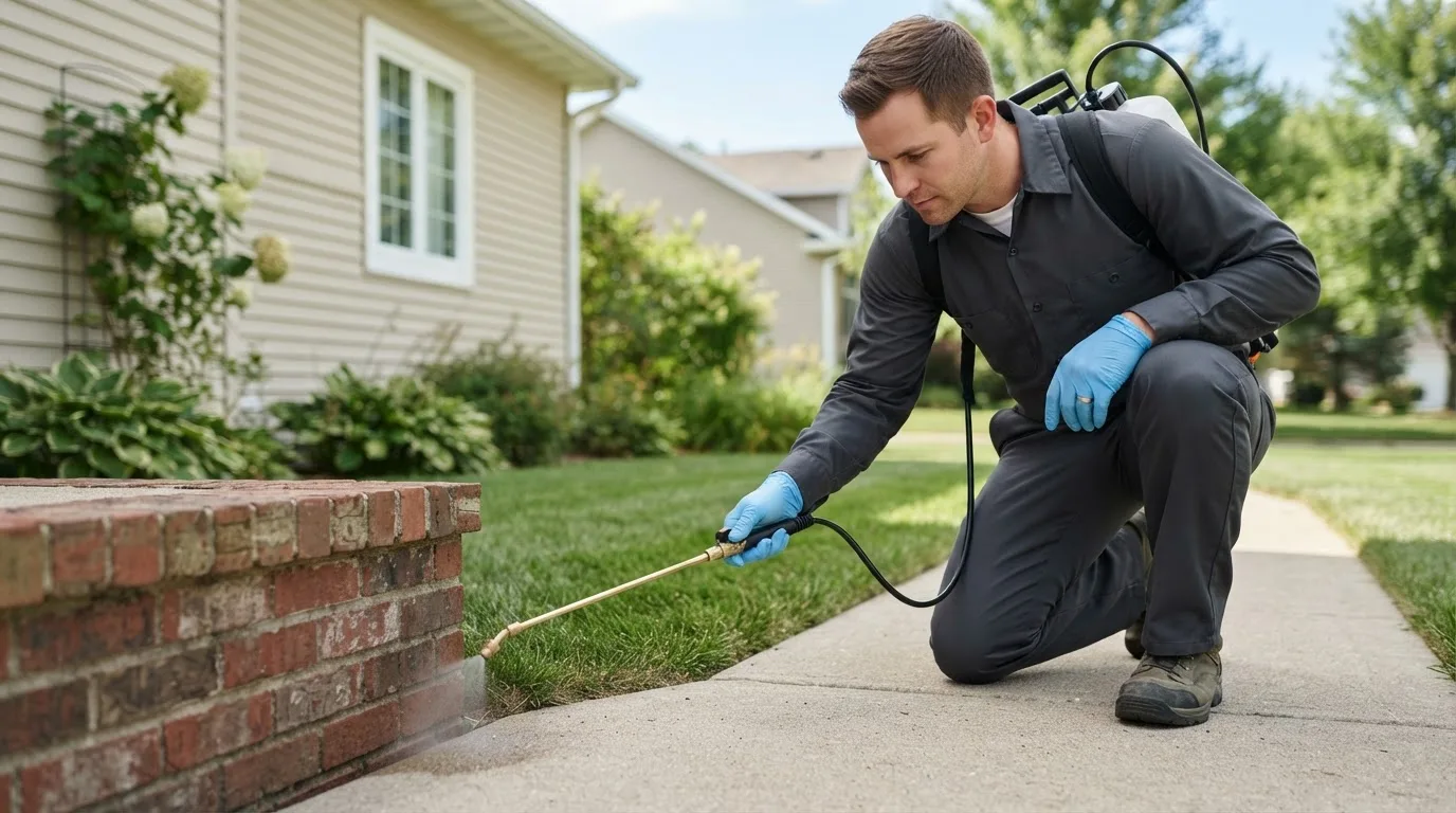 Pest control technician treating a home near Roscoe, MT