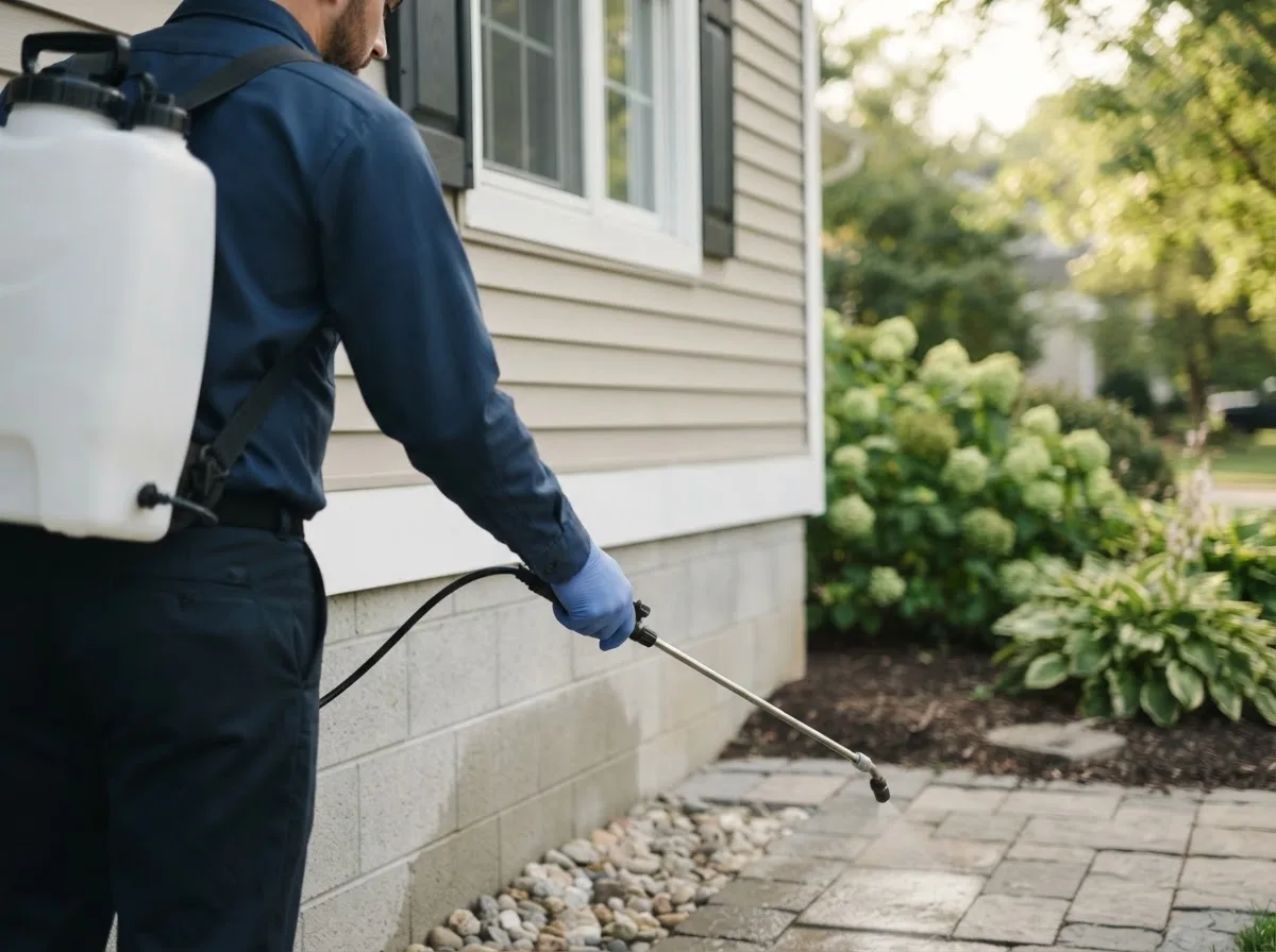 Pest control technician inspecting a home in Roscoe, MT